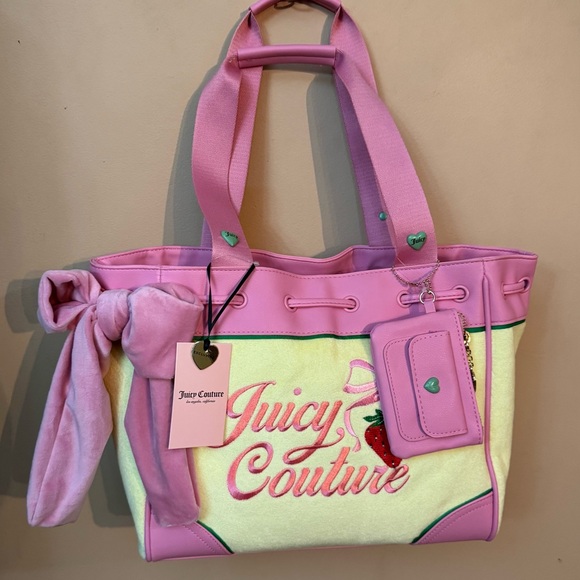 Juicy Couture Handbags - Juicy Couture Pink & Yellow Tote with Bow and Card Holder